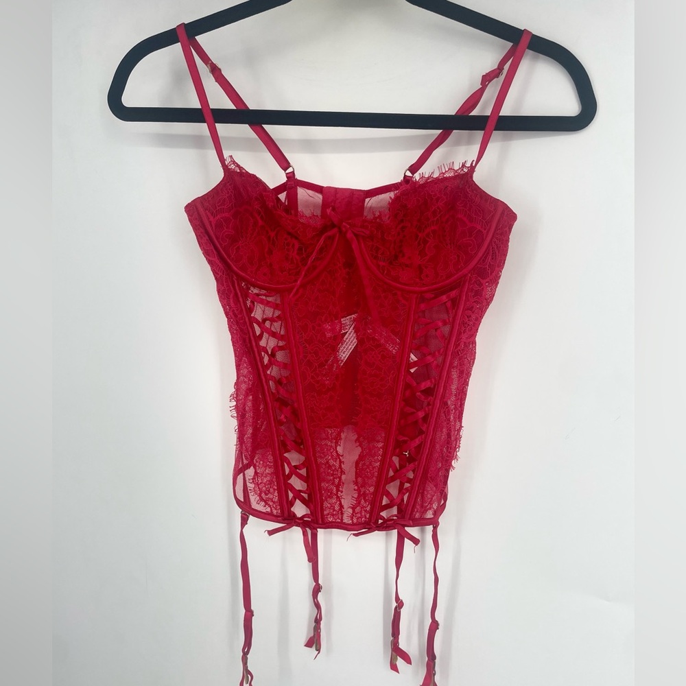 Victoria’s Secret Small Red Lace Sheer Corset Lingerie Valentines Day Sexy Strap